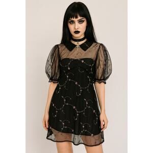 Dolls Kill SUGAR THRILLZ Sheer Mesh Floral Embroidered Puff Sleeve Dress Sz 2XL